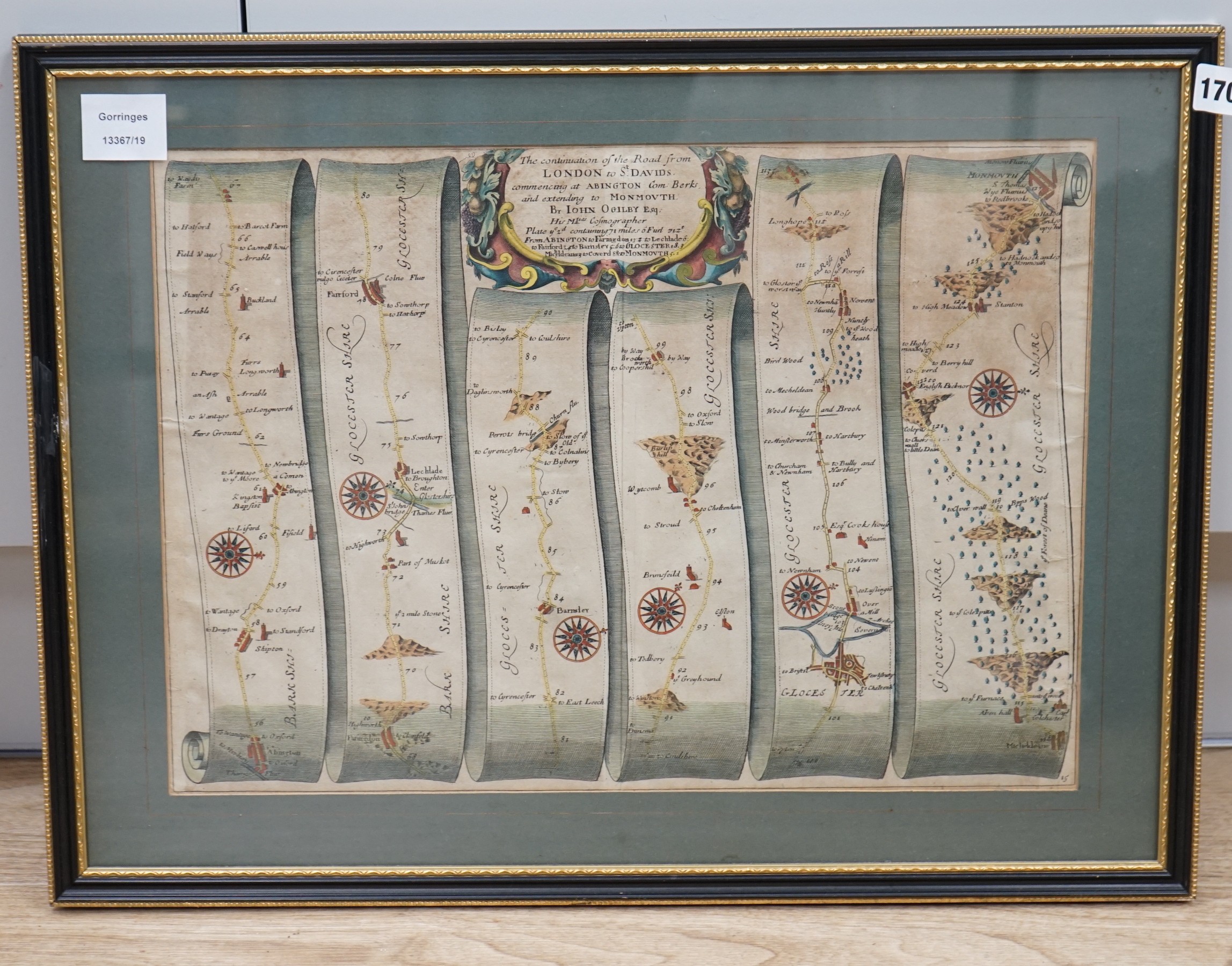 John Ogilby (1600-1676) hand coloured map, London to St. Davids, 33 x 44cm